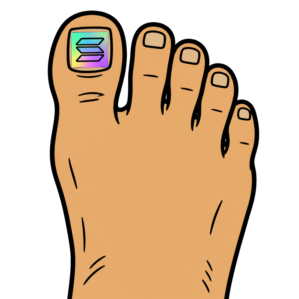 $Cryptoe mascot — a cartoon foot with a holographic crypto sticker on the big toenail